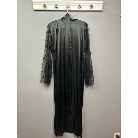 Black Satin Lace Kimono Robe Long Full Sleeve Maxi Duster Womens Large - Picture 3 of 9